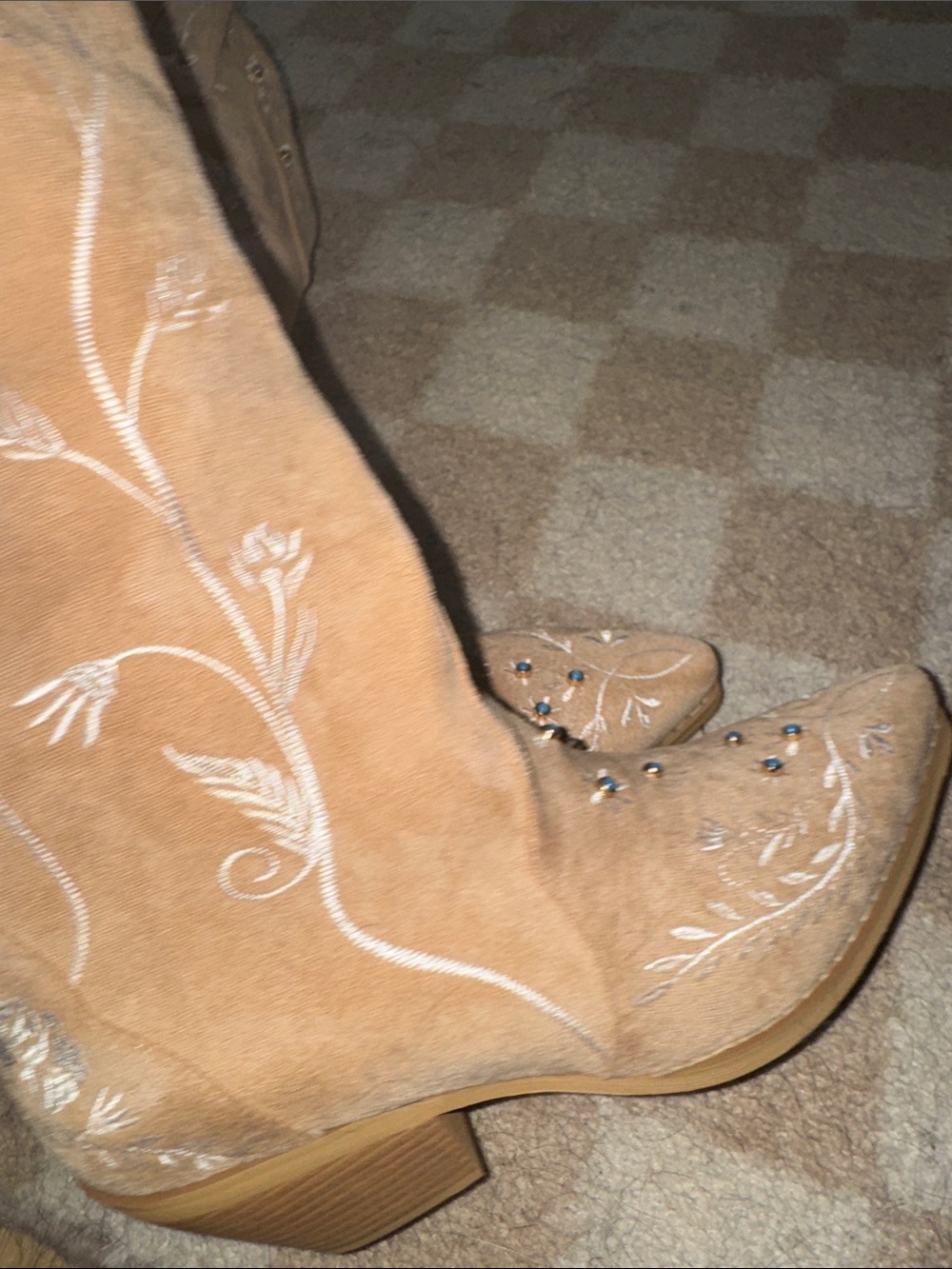 Embroidered Over-the-Knee Suede Boots in Tan - Picture 6 of 8